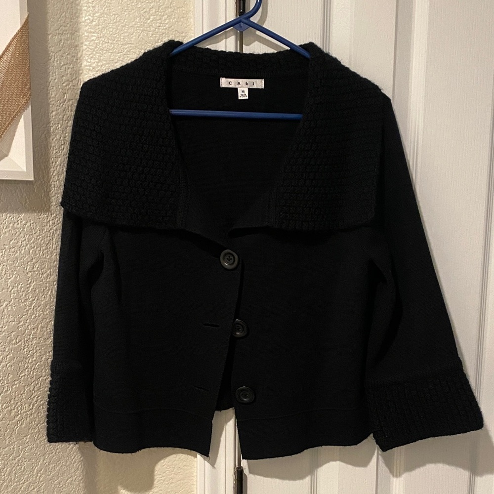 CAbi Black Button-Front Knit Cardigan with Textured Shawl Collar